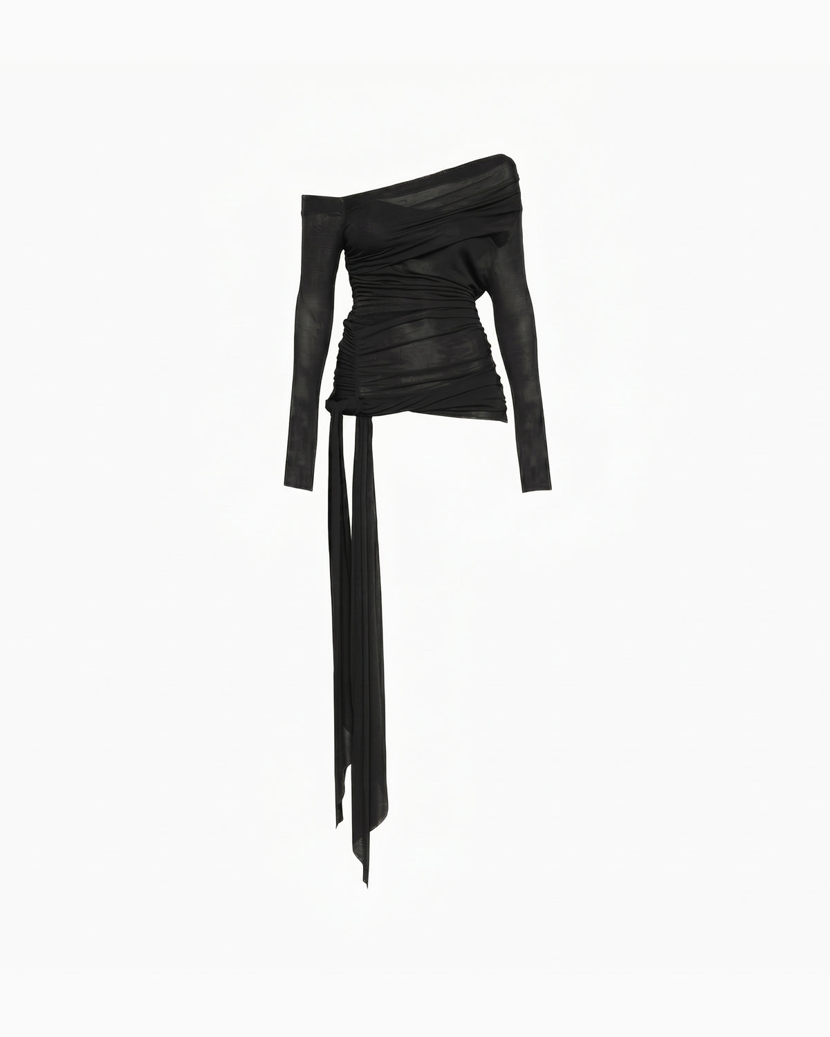 Blusa Tule Faixa Lateral preta, ombro caido, manga longa, corpo drapeado e faixa lateral solta
