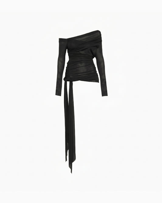 Blusa Tule Faixa Lateral preta, ombro caido, manga longa, corpo drapeado e faixa lateral solta