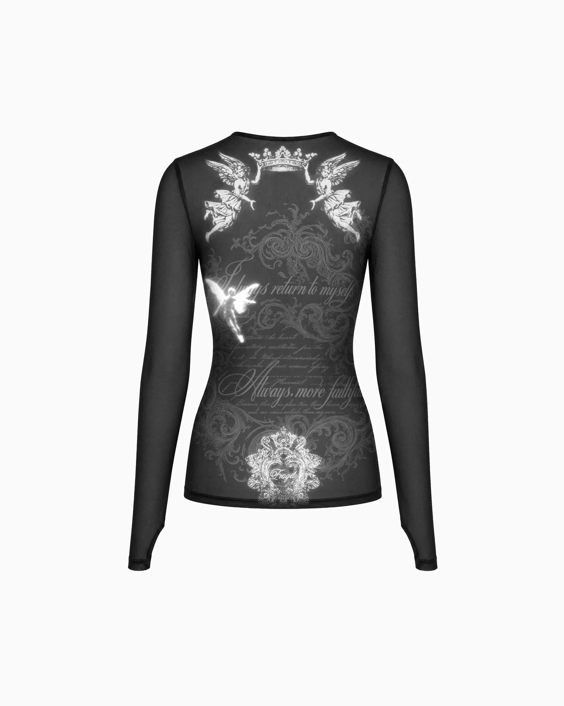 Costas da Blusa Tule Heat Rock preta com transparência e estampa gráfica