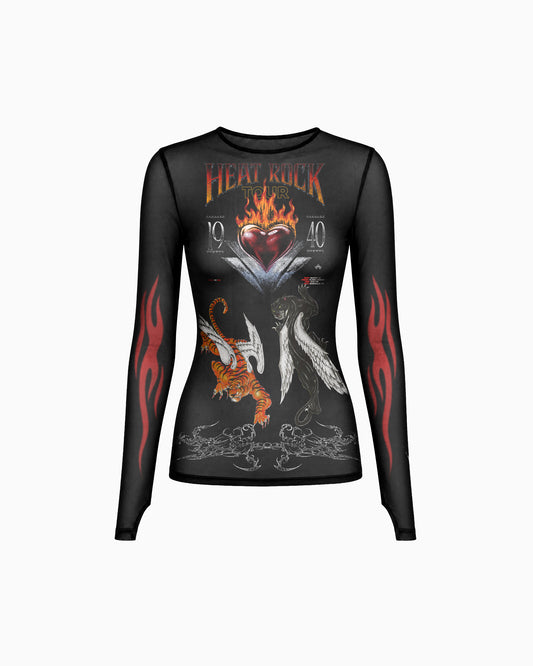 Vista frontal da Blusa Tule Heat Rock preta com mangas longas e estampa gráfica