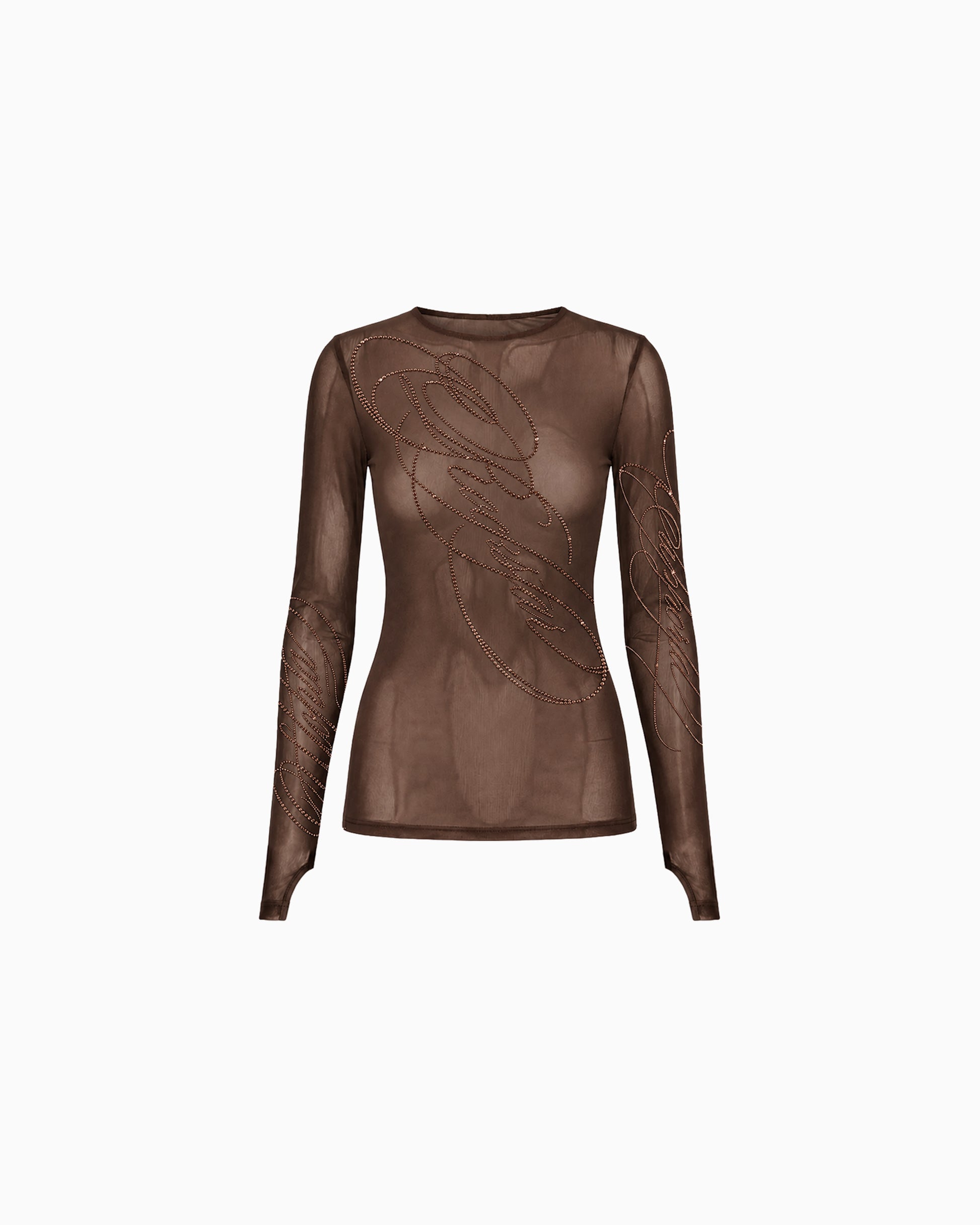Blusa Tule Rockstar marrom de manga longa com aplicações de brilho
