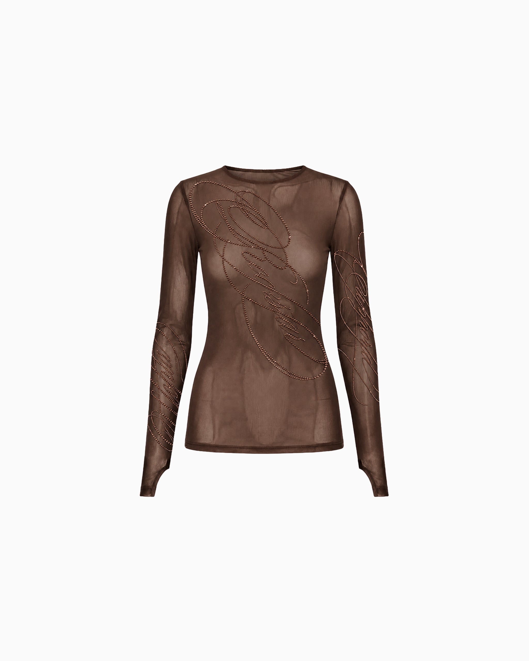 Blusa Tule Rockstar marrom de manga longa com aplicações de brilho