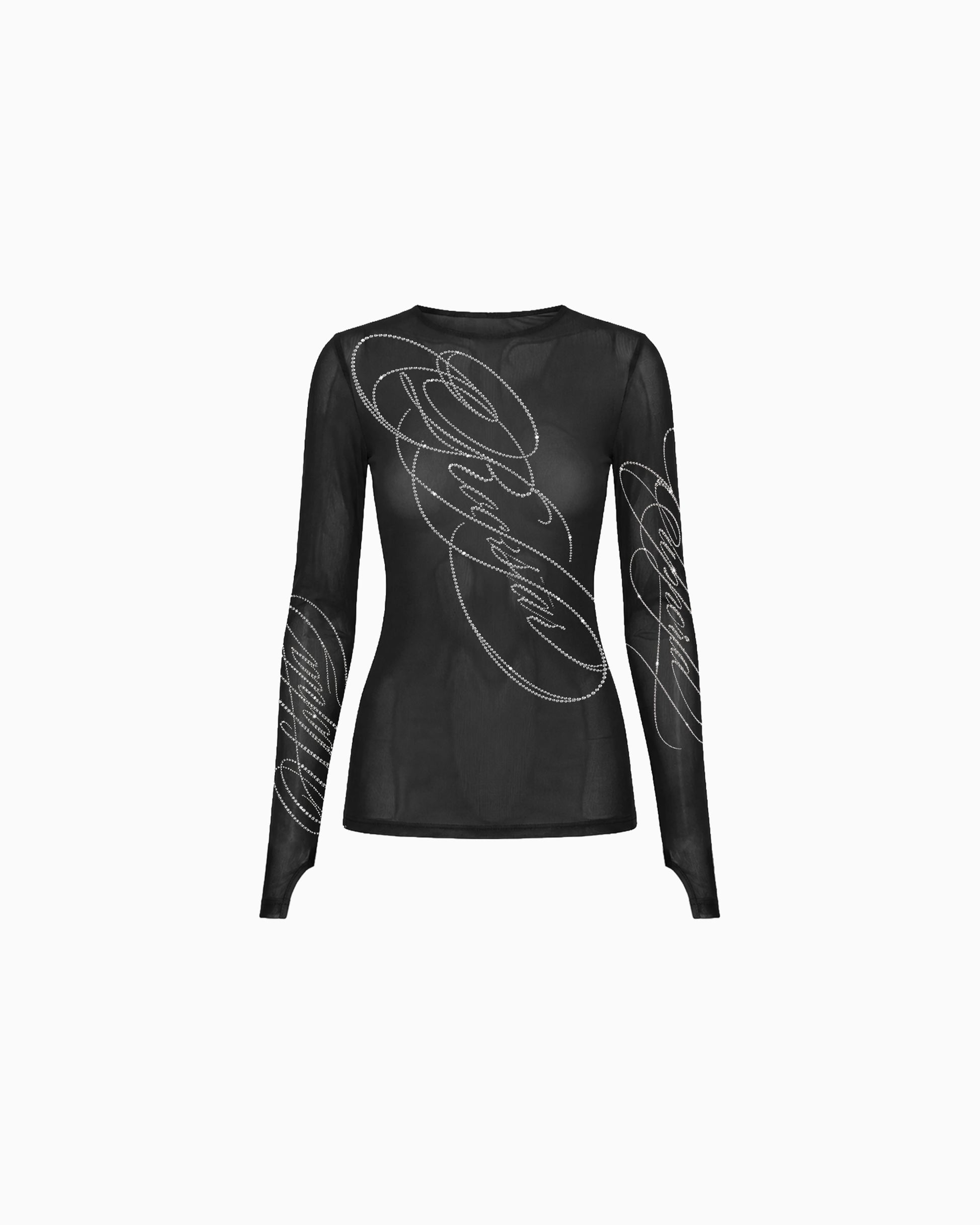 Blusa Tule Rockstar preta de manga longa com aplicações de brilho