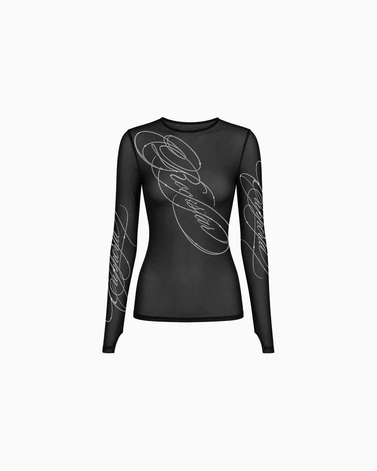 Blusa Tule Strass Rockstar preta de manga longa com aplicações de brilho