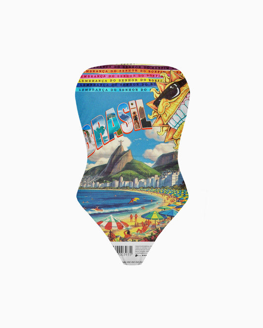 Body Brasilidades tomara que caia, decote reto, com estampa colorida do Rio: Cristo, praia e sol