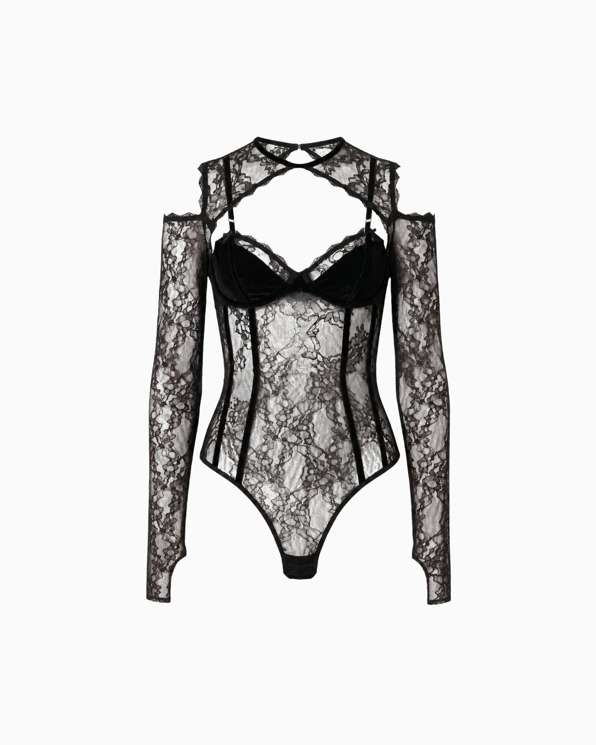 Body Manga Longa Renda Haze preto em renda floral, ombro vazado, bojo de veludo e cavas altas, peça sozinha