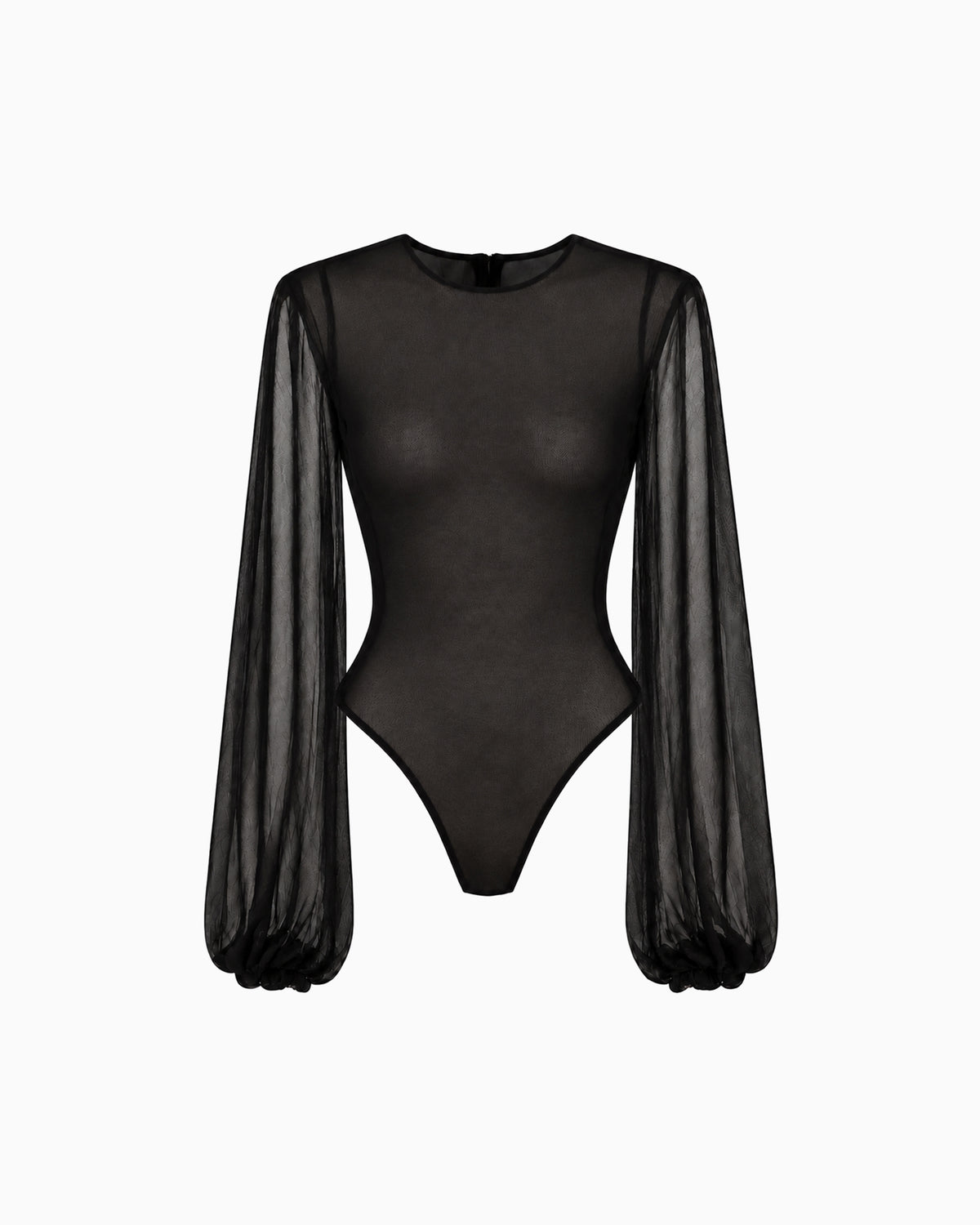 Body Tule Manga Bufante preto e transparente, com gola redonda e mangas longas volumosas