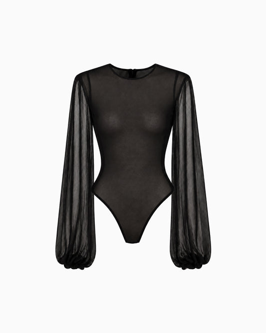 Body Tule Manga Bufante preto e transparente, com gola redonda e mangas longas volumosas