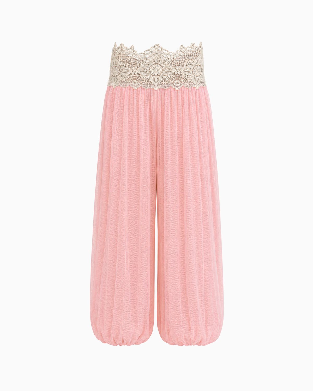 Calça Aladim de Paetê com Renda rosa, com cintura em renda bege e pernas amplas, vista frontal