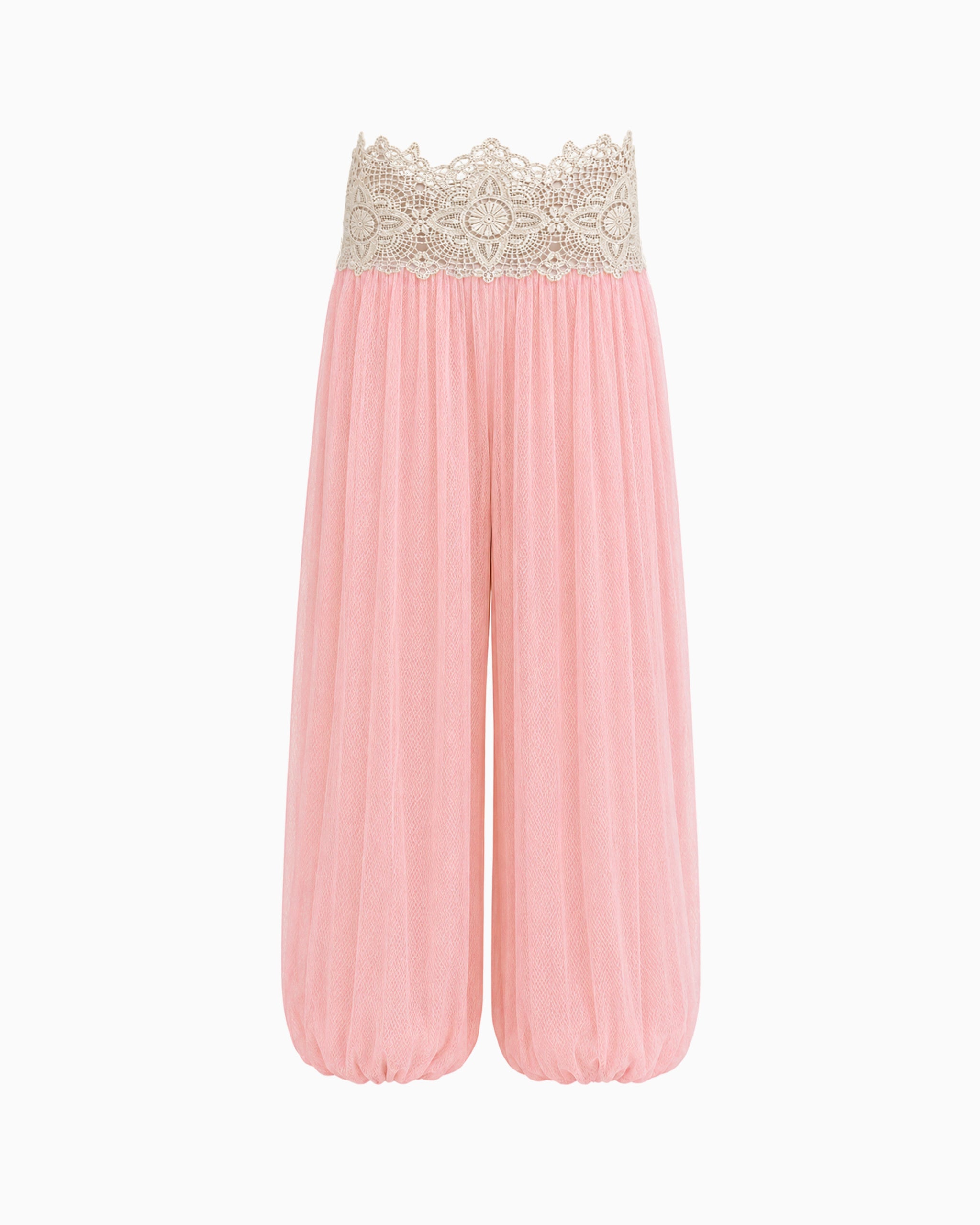 Calça Aladim de Paetê com Renda rosa, com cintura em renda bege e pernas amplas, vista frontal