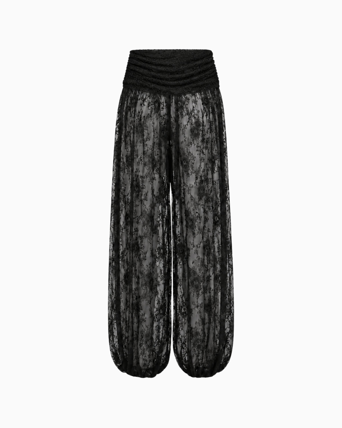 Calça Aladim Pala Drapeada Renda Haze preta de renda floral, pala franzida e barra balonê, peça sozinha