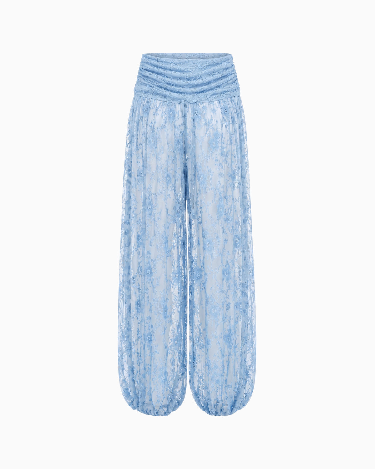 Calça Aladim Pala Drapeada Renda Haze azul claro de renda floral, pala franzida e barra balonê, peça sozinha