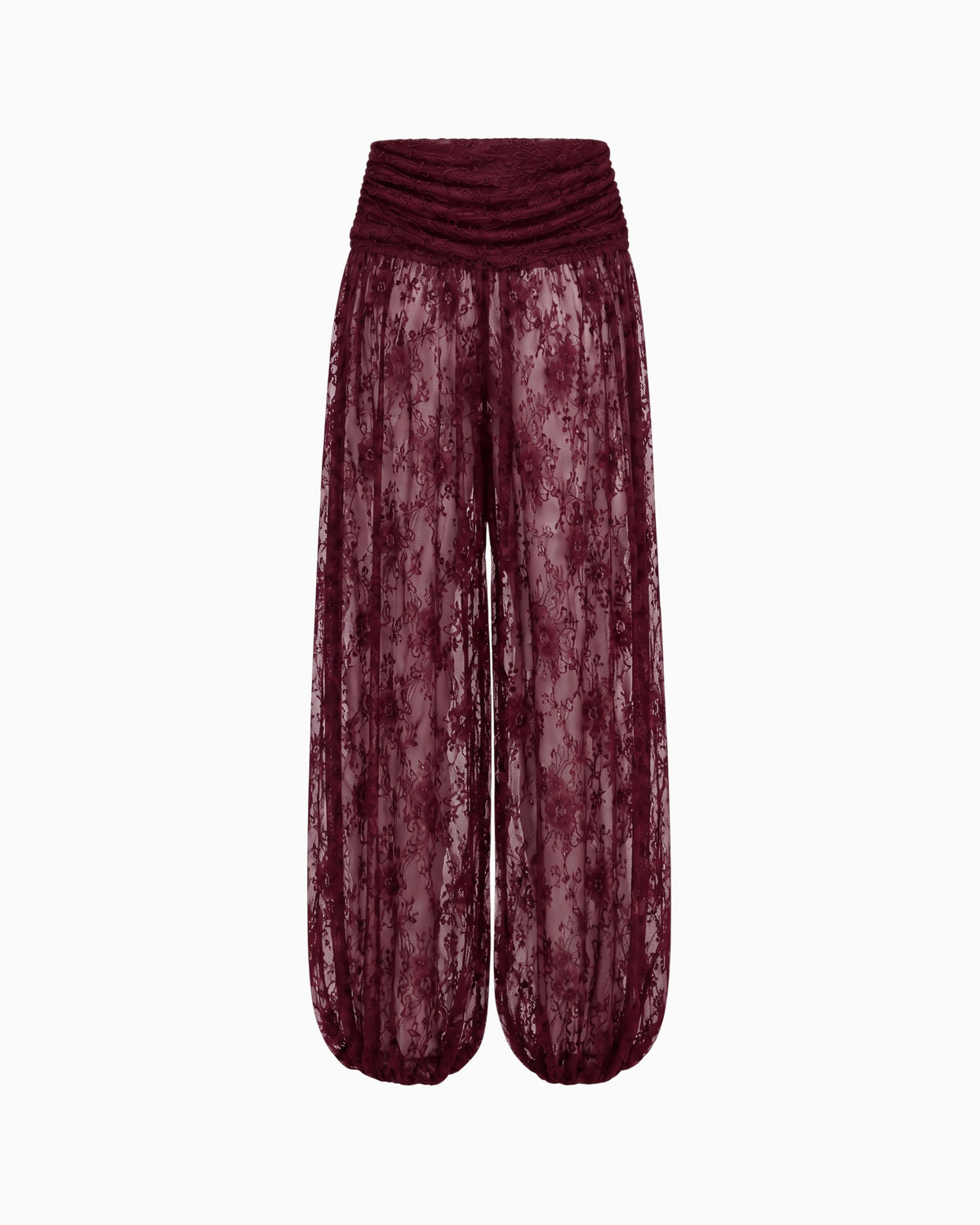 Calça Aladim Pala Drapeada Renda Haze vinho, renda floral transparente e pala franzida na cintura, peça sozinha