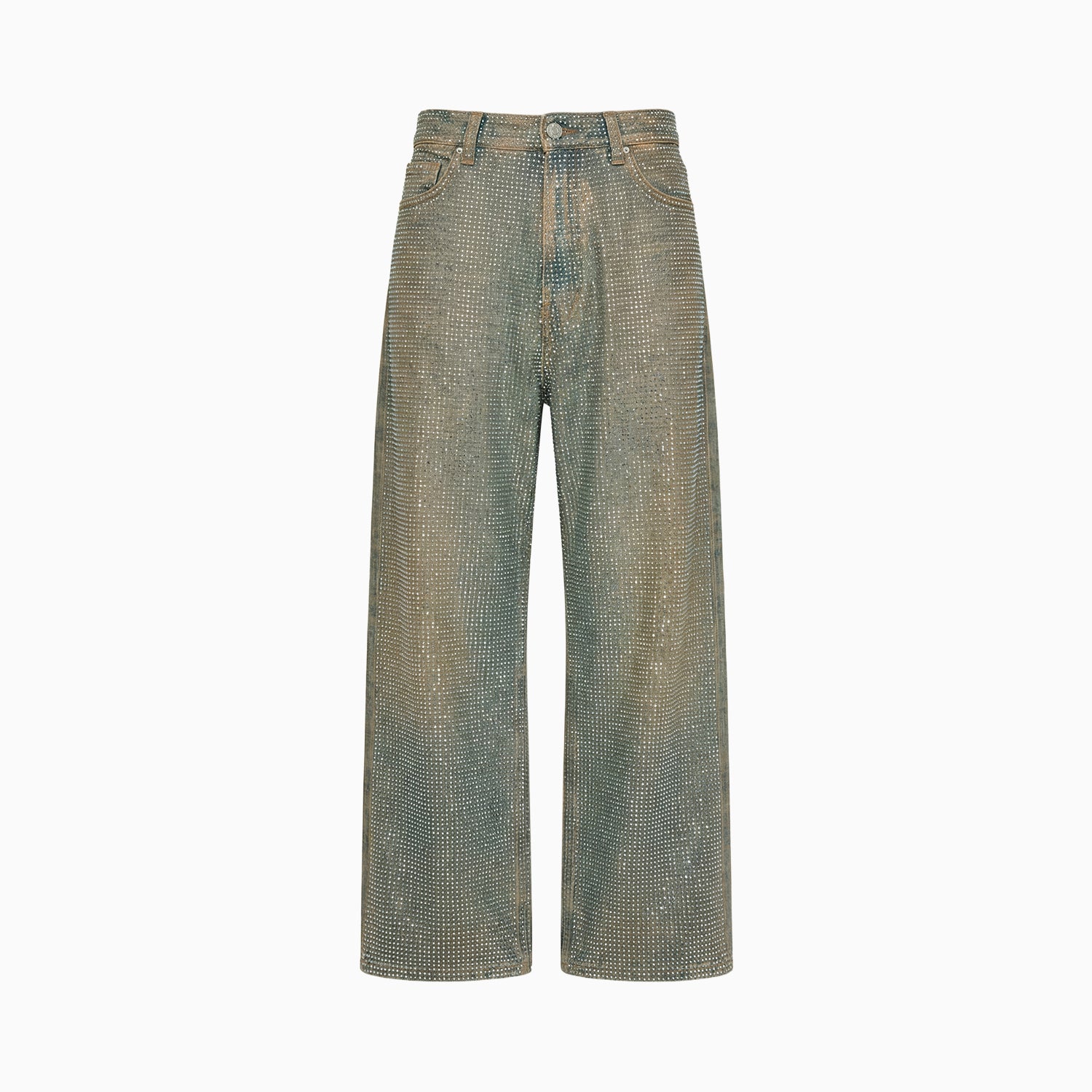 Calça Jeans Strass pantalona solta, toda coberta de strass sobre jeans desbotado, com cinco bolsos