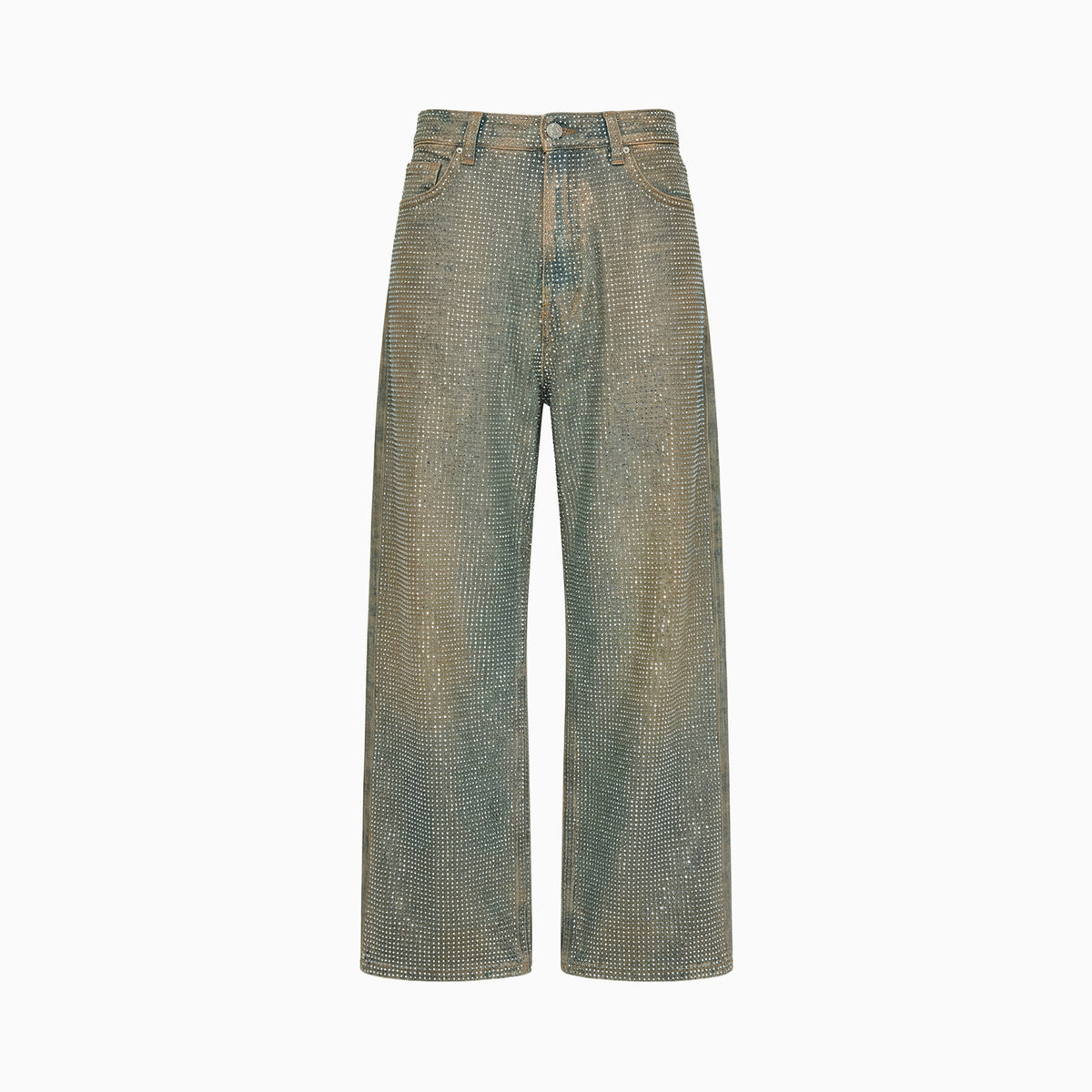 Calça Jeans Strass pantalona solta, toda coberta de strass sobre jeans desbotado, com cinco bolsos