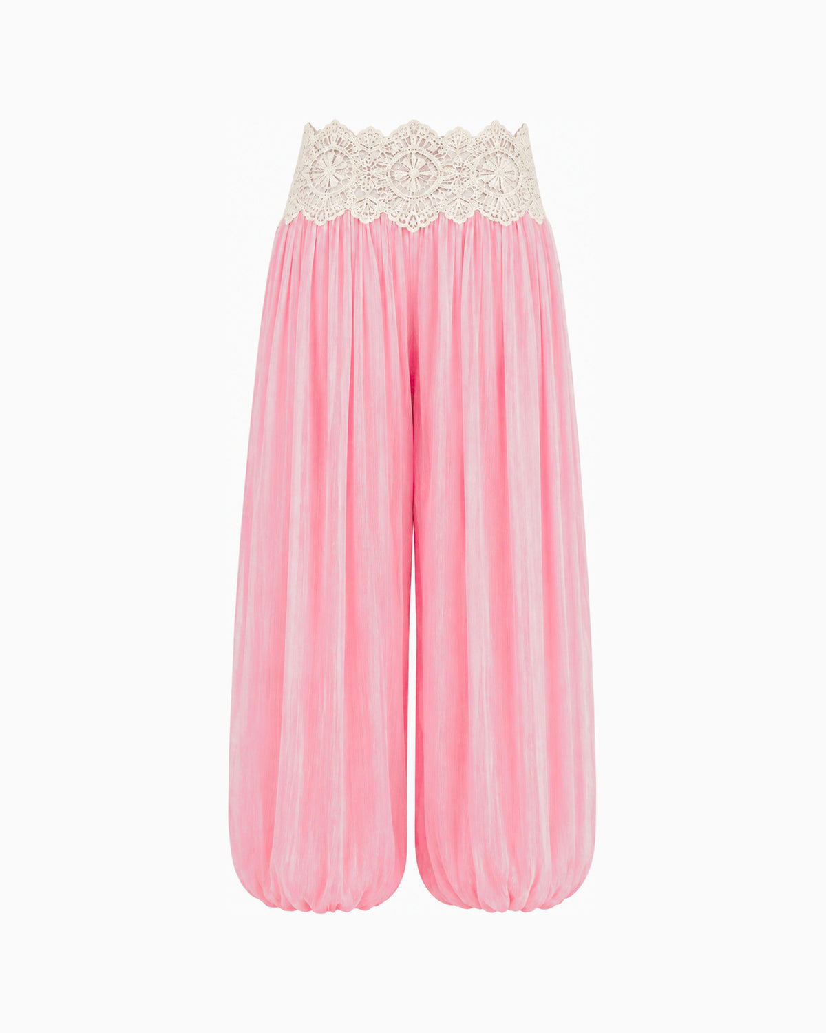 Calça Tule Aladim Renda Bege rosa, com cintura em renda bege e pernas amplas em tule, vista frontal