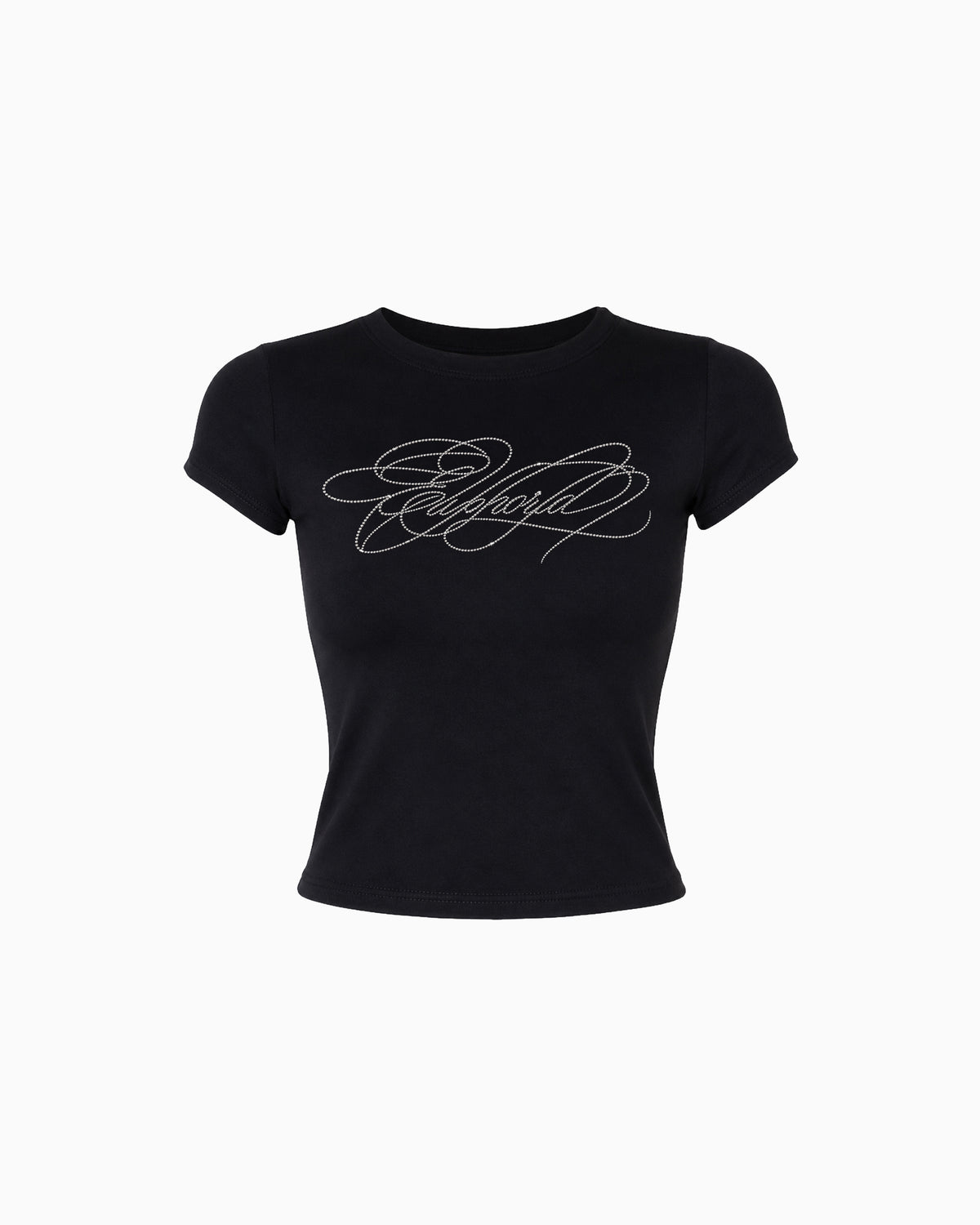 Camiseta Strass Euphoria preta com lettering Euphoria em strass no peito, vista frontal