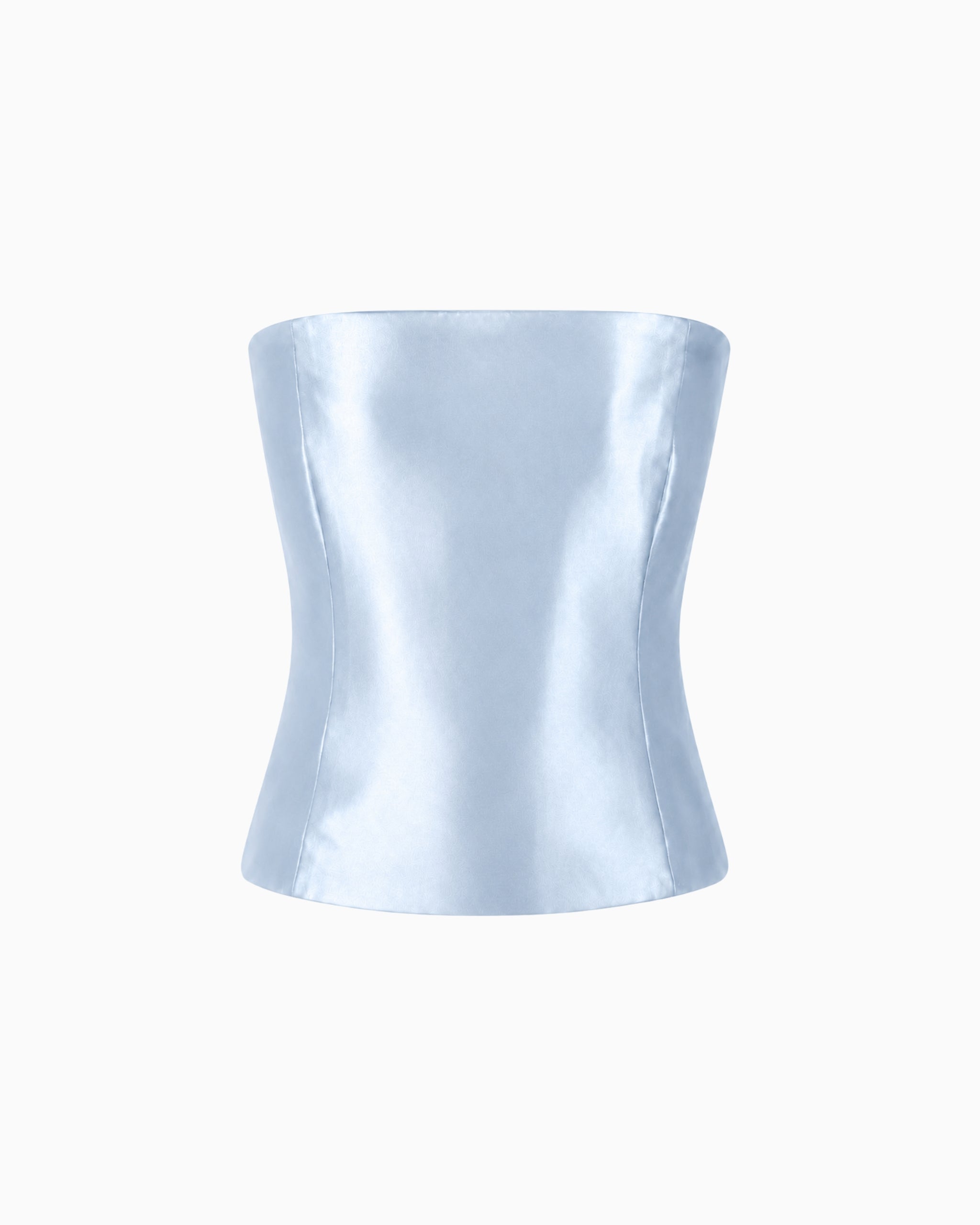 Corset Decote Reto Crepe Ivo azul claro acetinado, decote reto sem alças e corpo estruturado, peça sozinha
