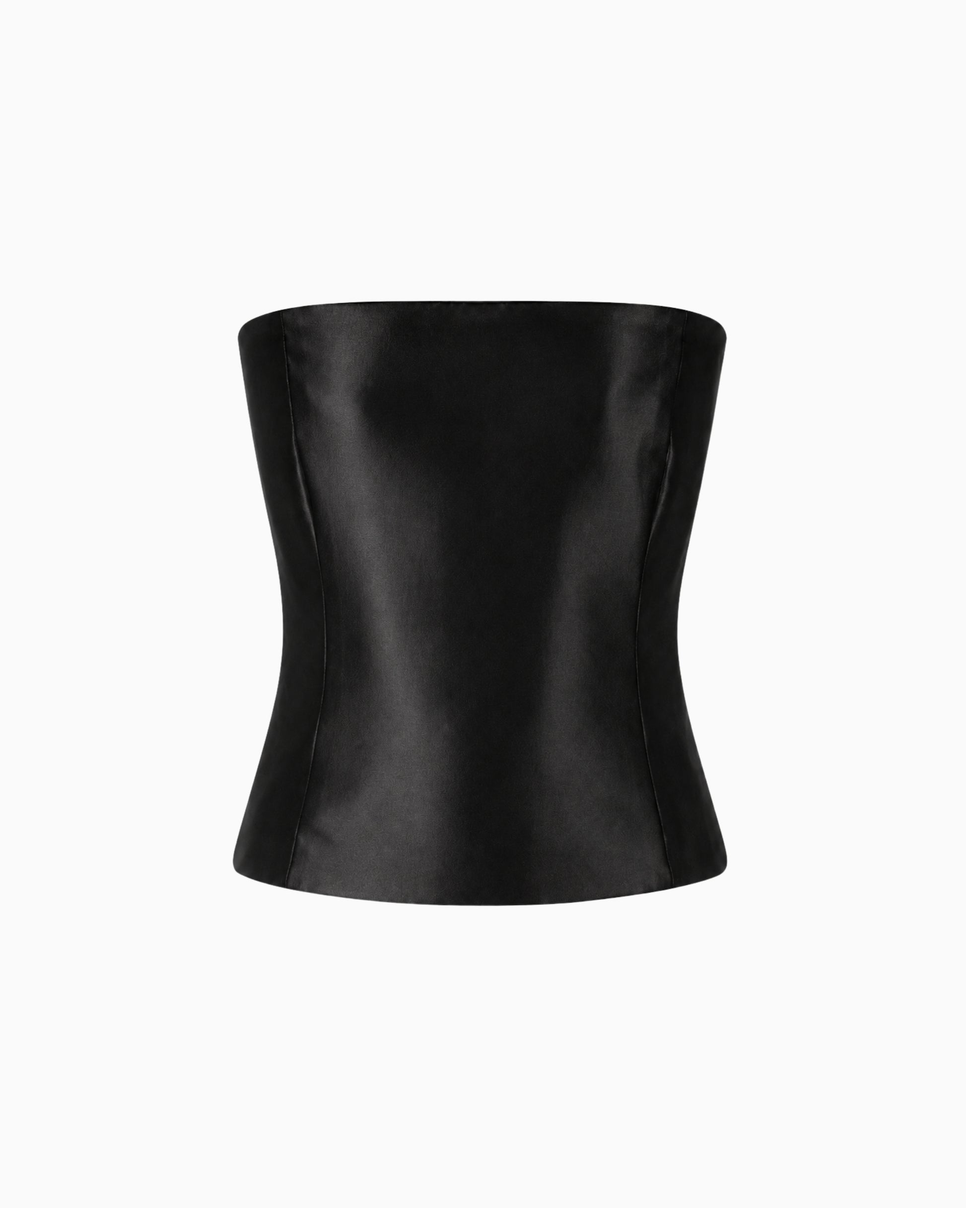 Corset Decote Reto Crepe Ivo preto acetinado, tomara que caia com pences longas e barra reta, peça sozinha
