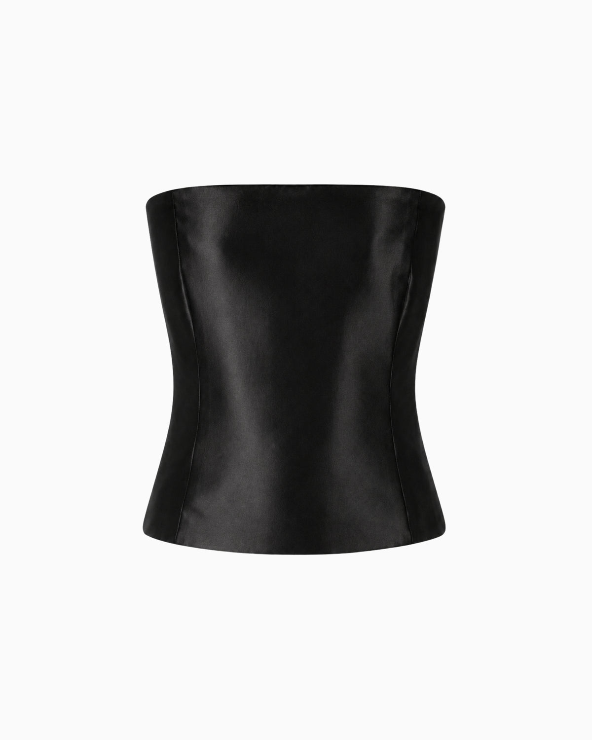 Corset Decote Reto Crepe Ivo preto acetinado, tomara que caia com pences longas e barra reta, peça sozinha