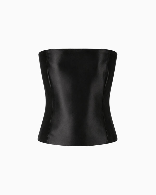 Corset Decote Reto Crepe Ivo preto acetinado, tomara que caia com pences longas e barra reta, peça sozinha