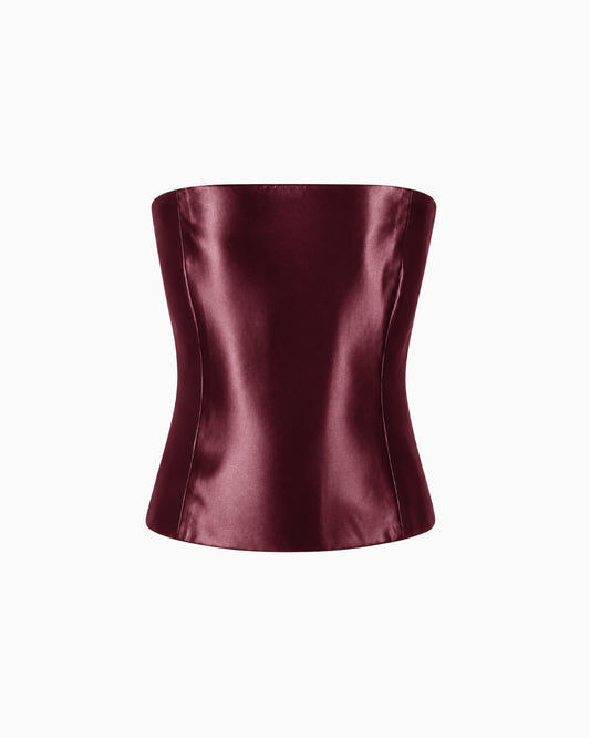 Corset Decote Reto Crepe Ivo vinho acetinado, decote reto tomara que caia e recortes marcando a cintura, peça sozinha