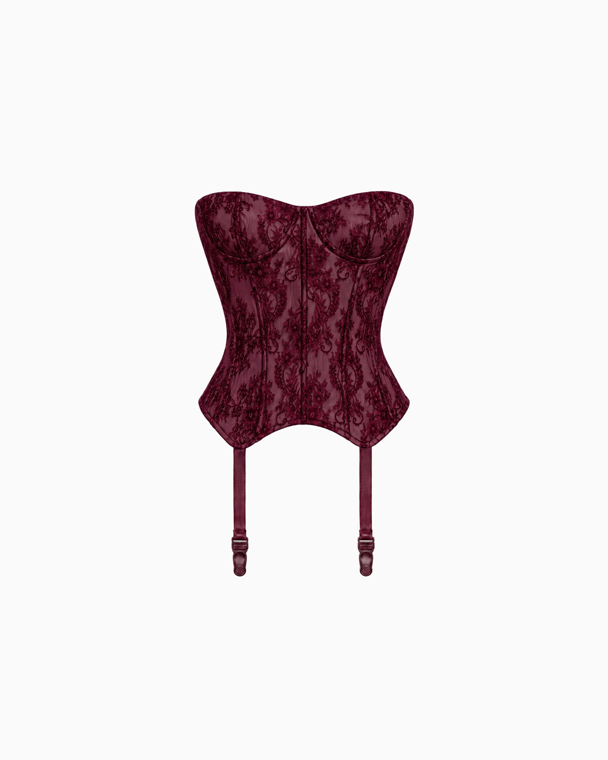 Corset Estruturado com Ligas Renda Haze vinho, renda floral, barra em bico e ligas, peça sozinha