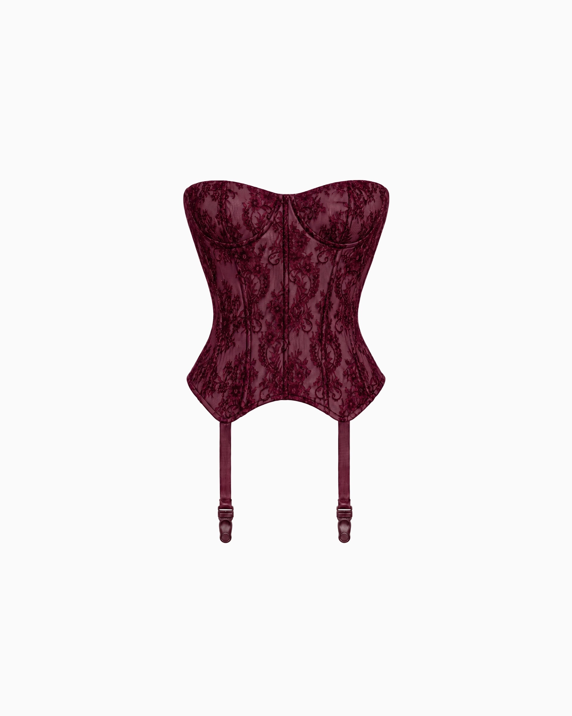 Corset Estruturado com Ligas Renda Haze vinho, renda floral, barra em bico e ligas, peça sozinha