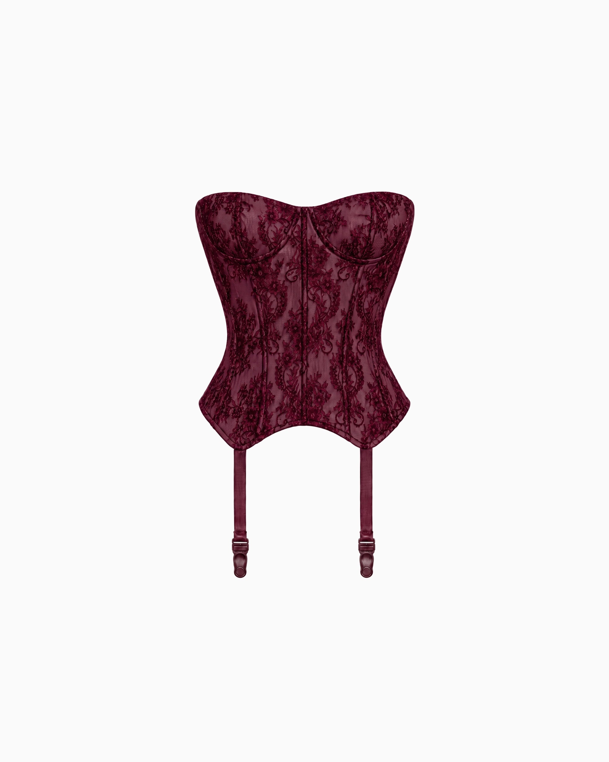 Corset Estruturado com Ligas Renda Haze vinho, renda floral, barra em bico e ligas, peça sozinha