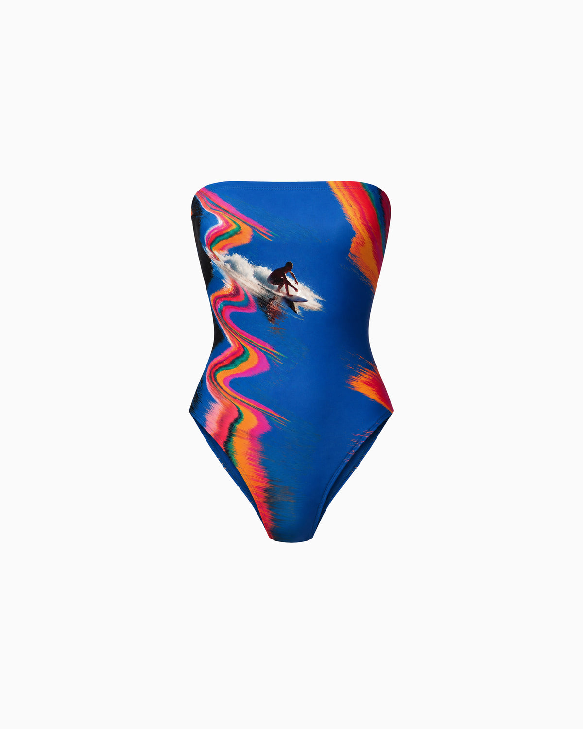 Maiô Tomara que caia Surf azul com estampa de surfista na onda e ondas coloridas, peça sozinha