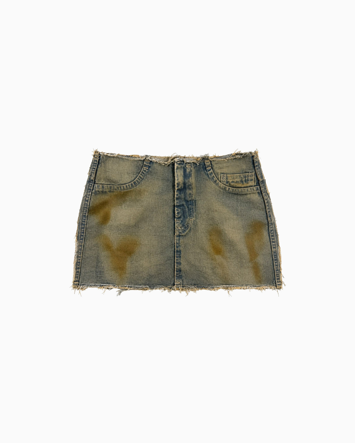 Mini Saia Jeans Cintura Baixa Sem Cós verde com lavagem manchada e barra desfiada, vista frontal da peça
