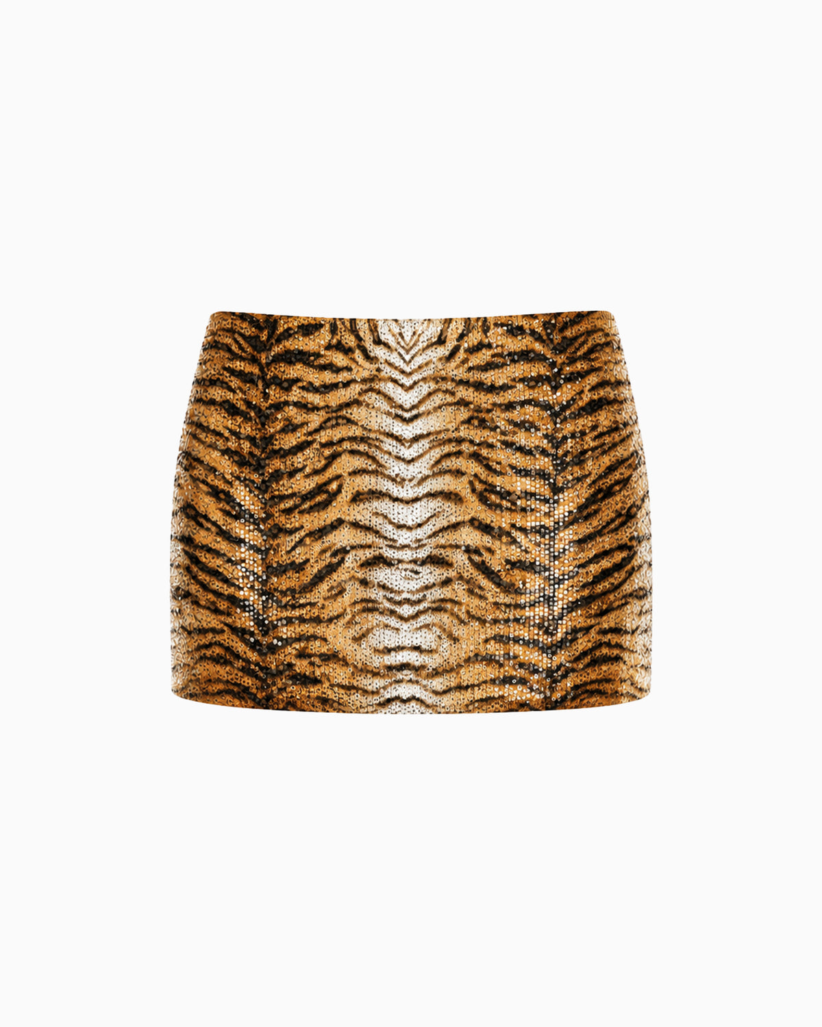 Mini saia de paetês com estampa animal print de tigre em dourado e preto, peça sozinha
