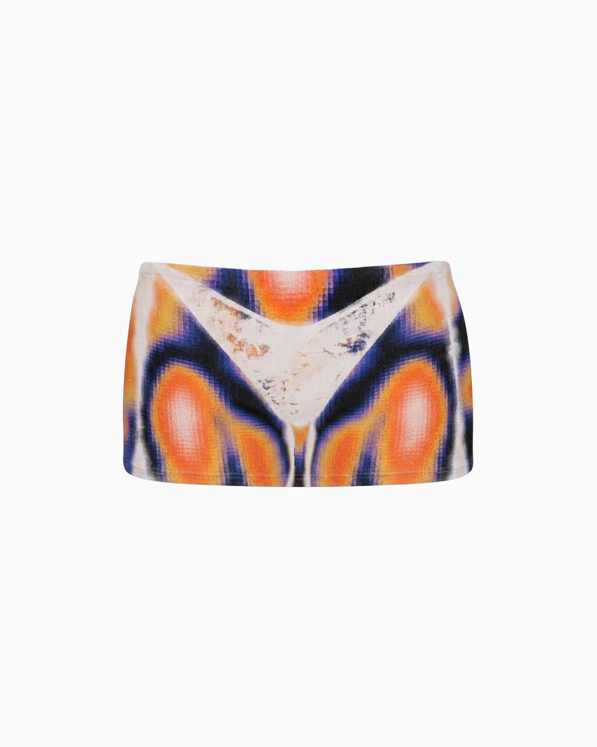 Mini Saia Thermal estampada em laranja, azul e preto, vista frontal da peça