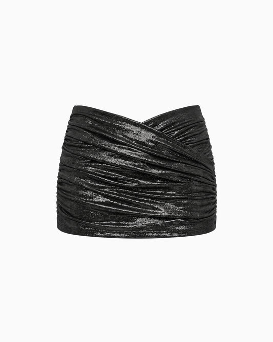 Mini Saia Transpasses Lurex preta, vista frontal da peça drapeada