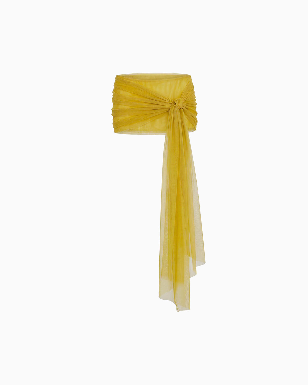 Mini Saia Transpasses Tule Hexa amarela em tule, com transpasse frontal atado e longa faixa esvoaçante ao lado