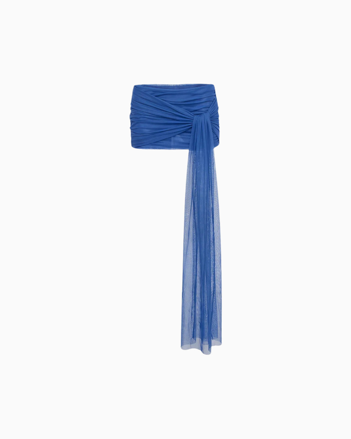 Mini Saia Transpasses Tule Hexa azul em tule, com transpasse frontal atado e longa faixa esvoaçante caindo ao lado