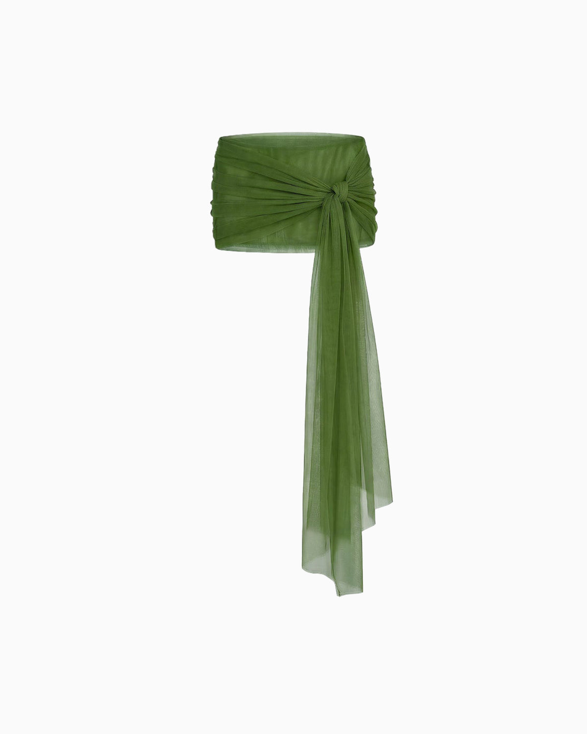 Mini Saia Transpasses Tule Hexa verde em tule, com transpasse frontal atado e longa faixa esvoaçante ao lado