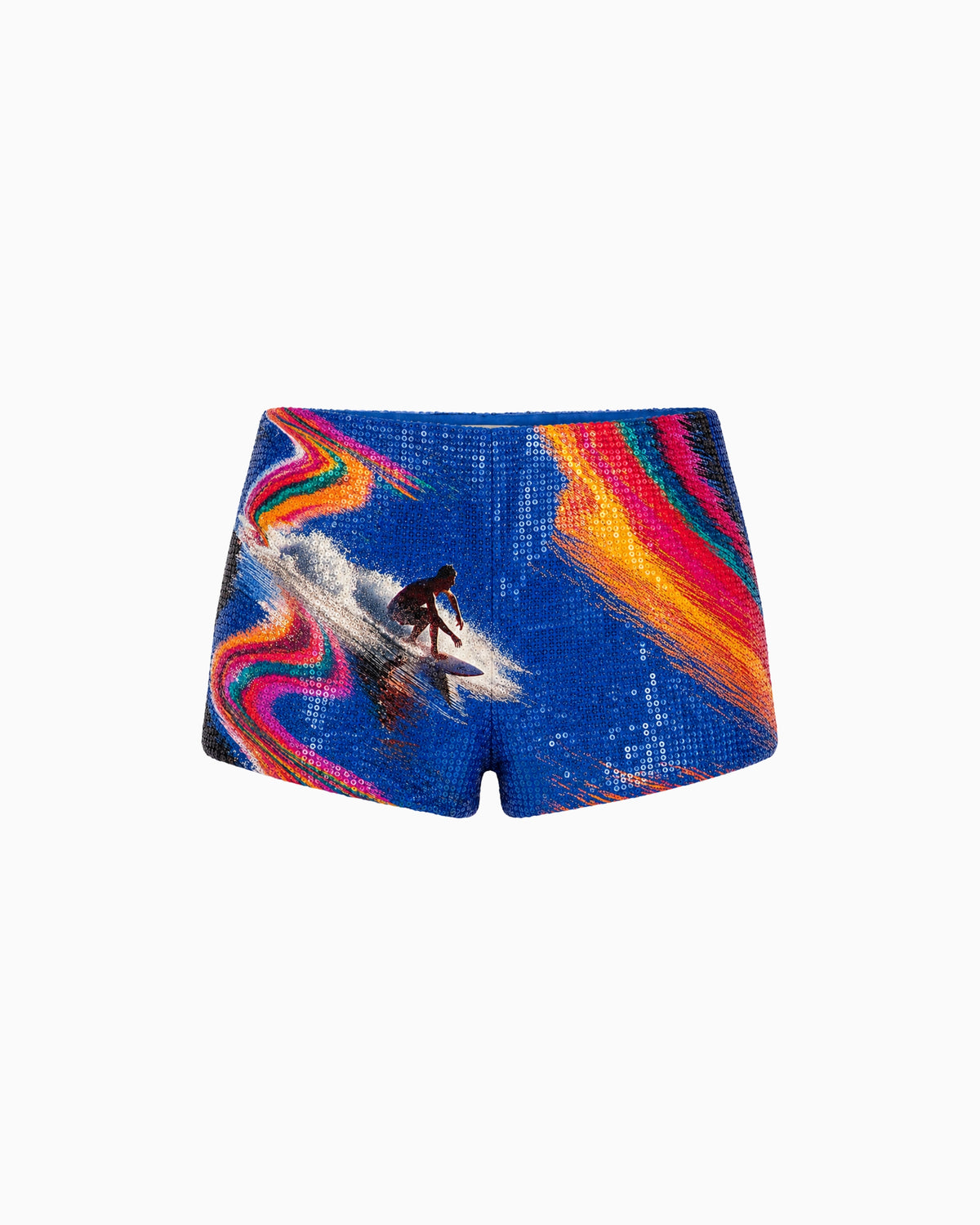 Mini Short Paetê Surf azul de paetês, estampa de surfista na onda e ondas coloridas, peça sozinha