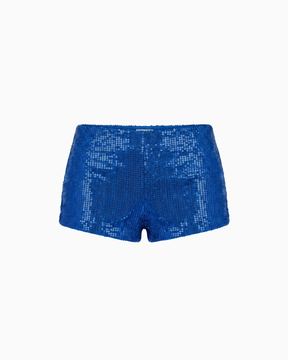 Mini Shorts Paetê Aura na cor azul, peça solta vista de frente, todo em paetês brilhantes com cintura baixa
