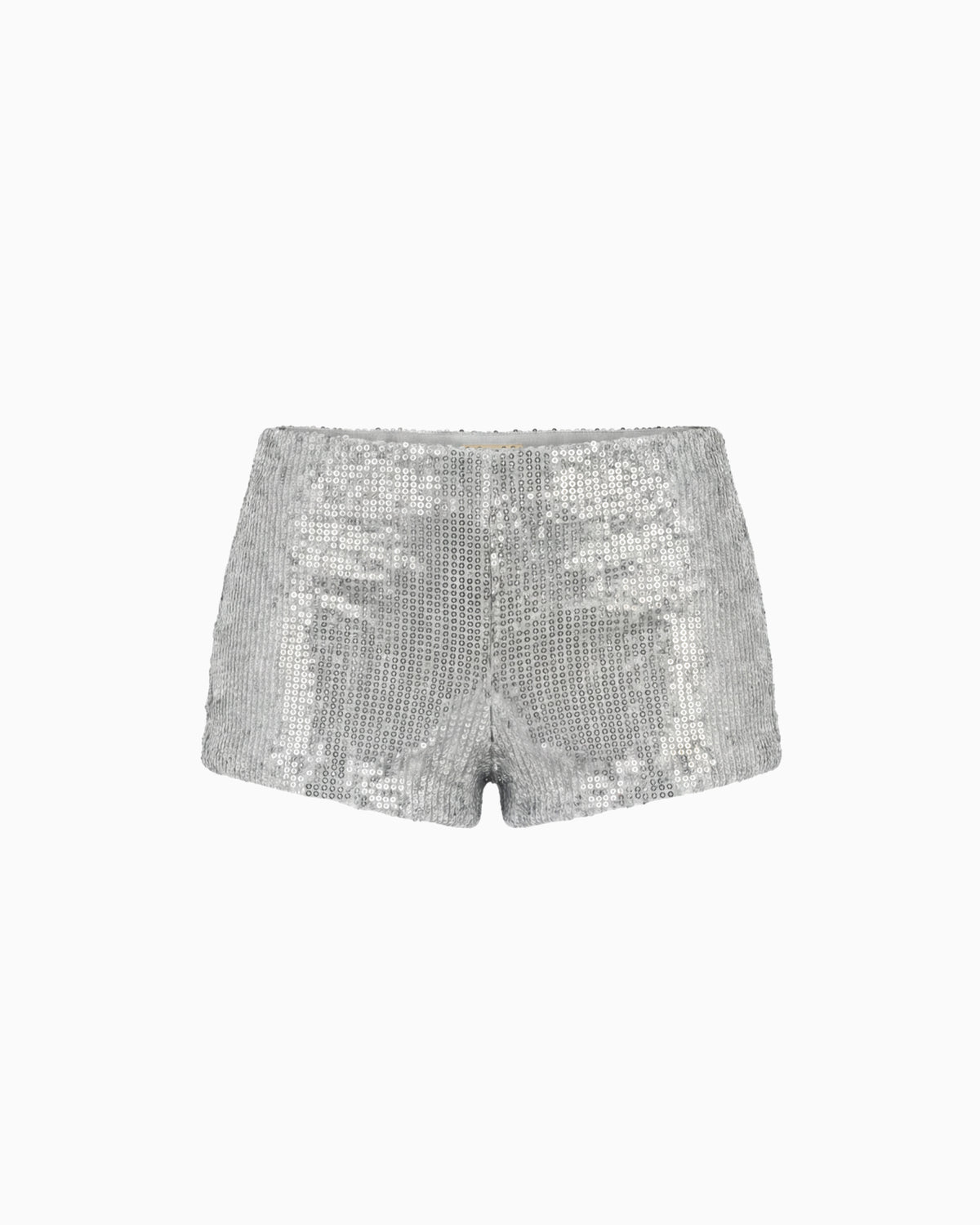 Mini Shorts Paetê Aura prata, peça solta vista de frente, todo em paetês brilhantes de cintura baixa