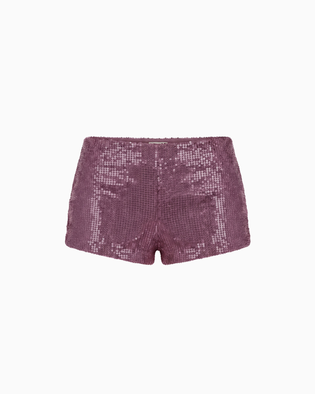 Mini Shorts Paetê Aura na cor rosa, peça solta vista de frente, coberto de paetês com cintura baixa