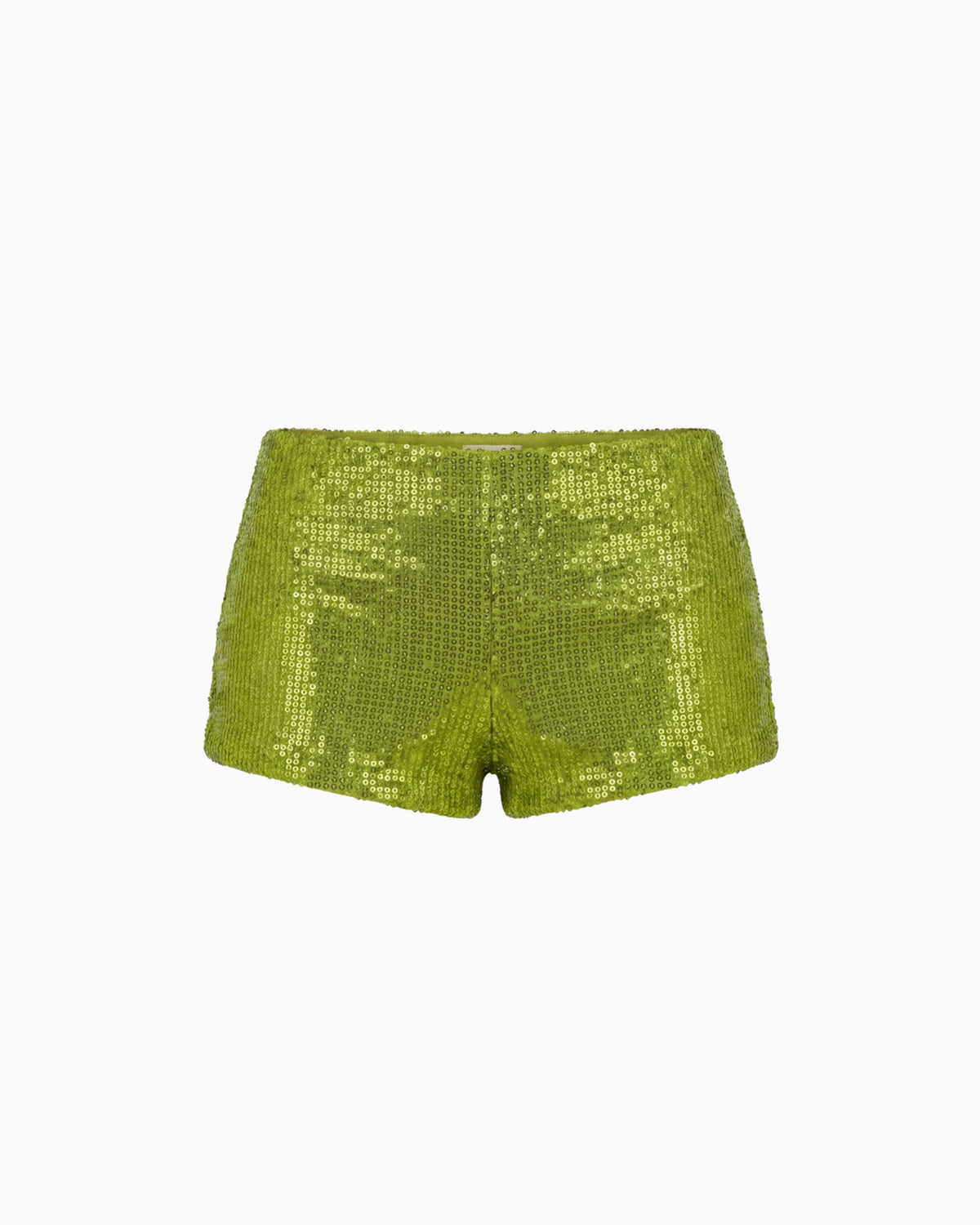 Mini Shorts Paetê Aura na cor verde, peça solta vista de frente, todo em paetês brilhantes e curto