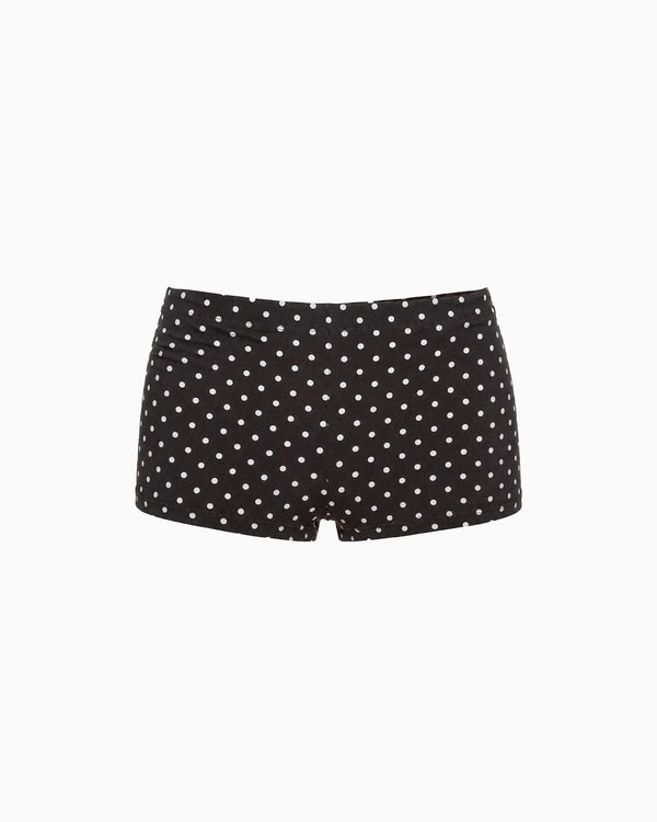 Mini Shorts Poá preto com estampa de poás brancos, vista frontal da peça