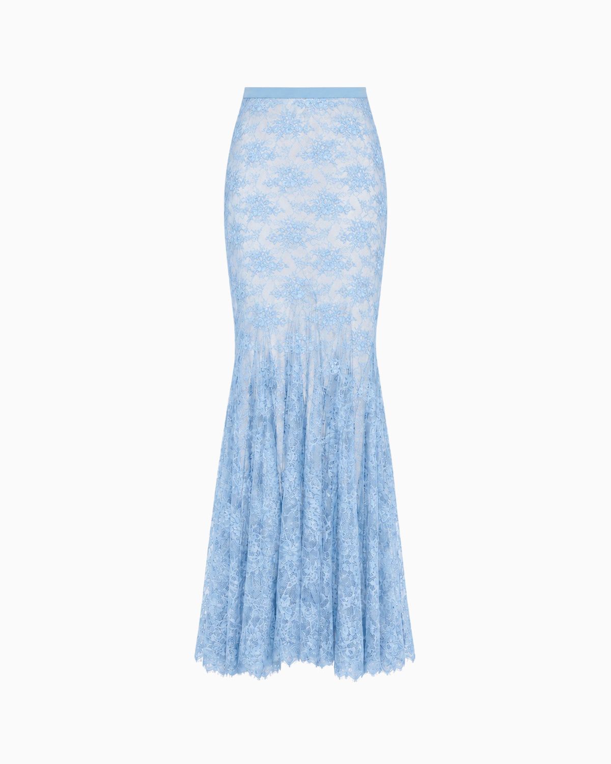 Saia Longa Renda Haze azul claro em renda floral, cintura alta, corpo justo e barra sereia, peça sozinha