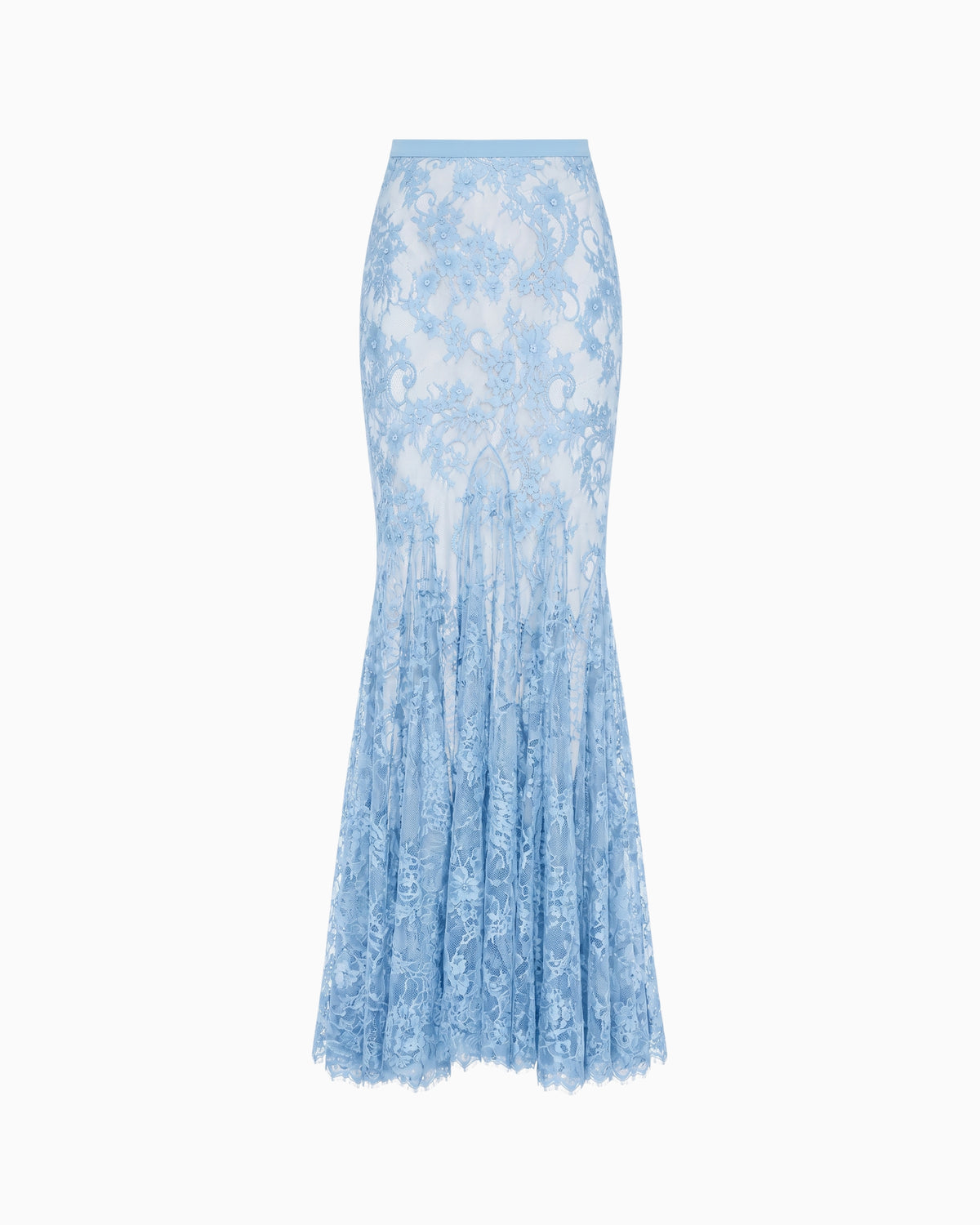 Saia Longa Renda Haze azul claro em renda floral, cintura alta, corpo justo e barra sereia, peça sozinha