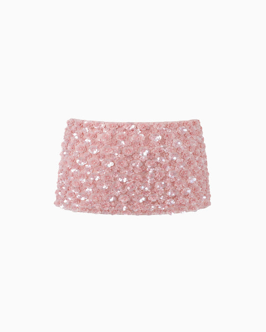 Saia Paetê Floral rosa de modelagem curta e ajustada, vista frontal