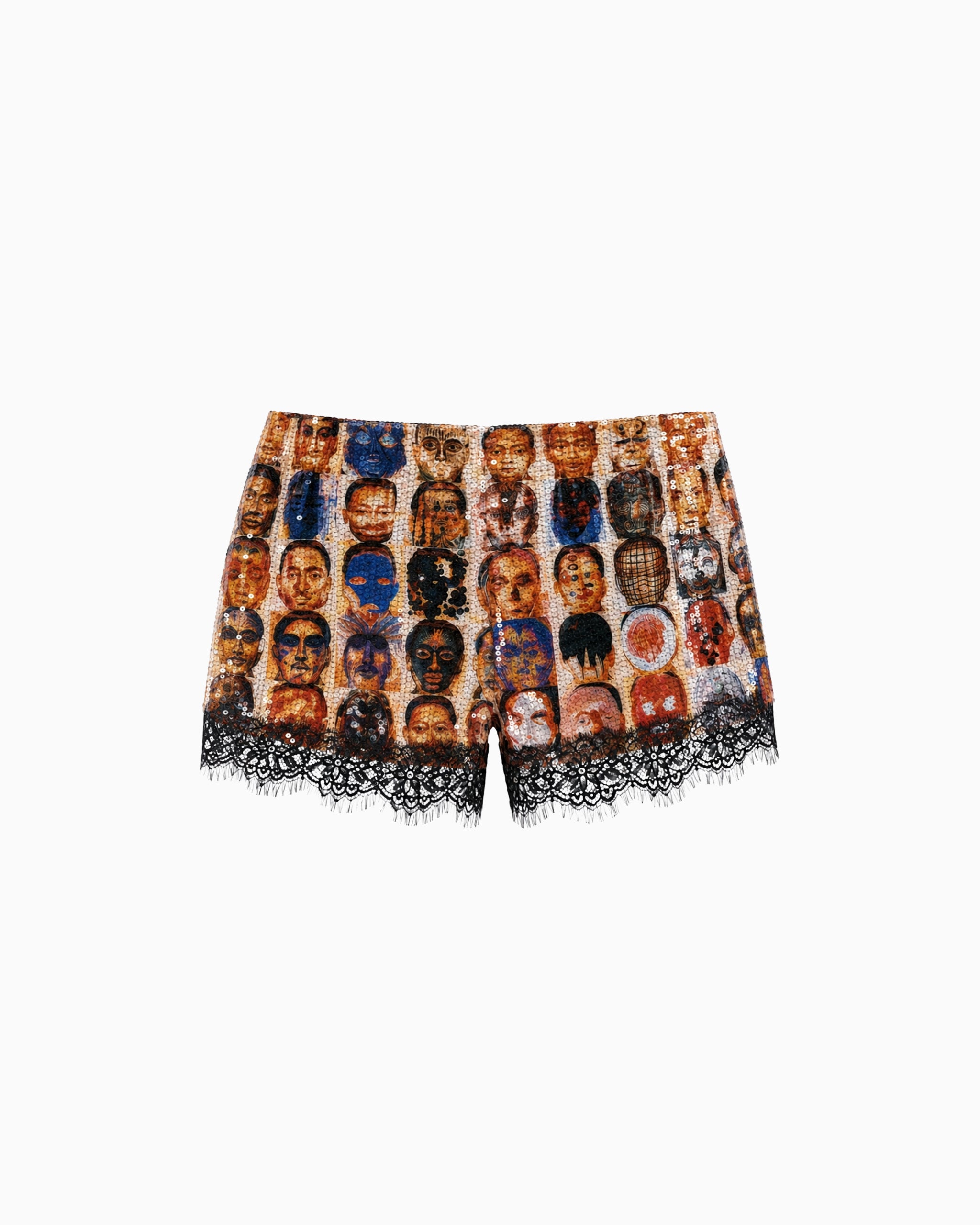 Mini Short Paetê Renda Rostos estampado, vista frontal da peça com acabamento em renda preta