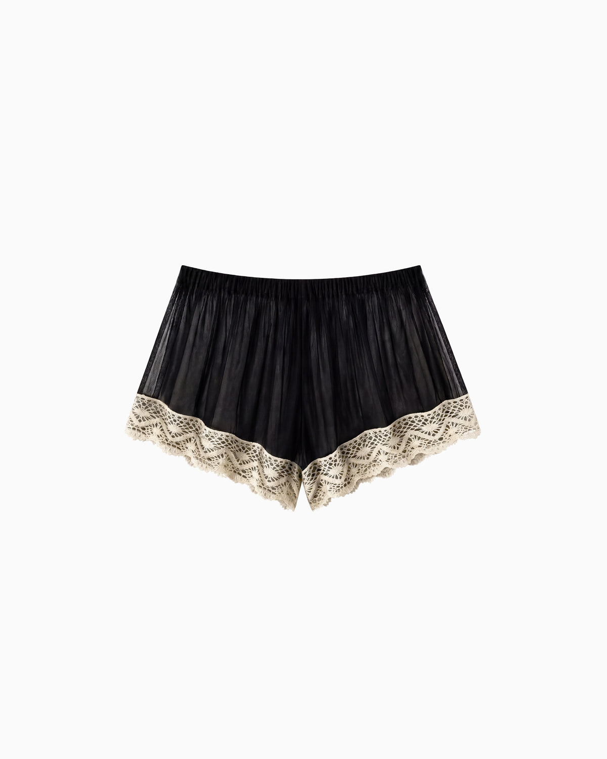 Shorts Tule Com Renda preto, com cós elástico e acabamento em renda bege, vista frontal