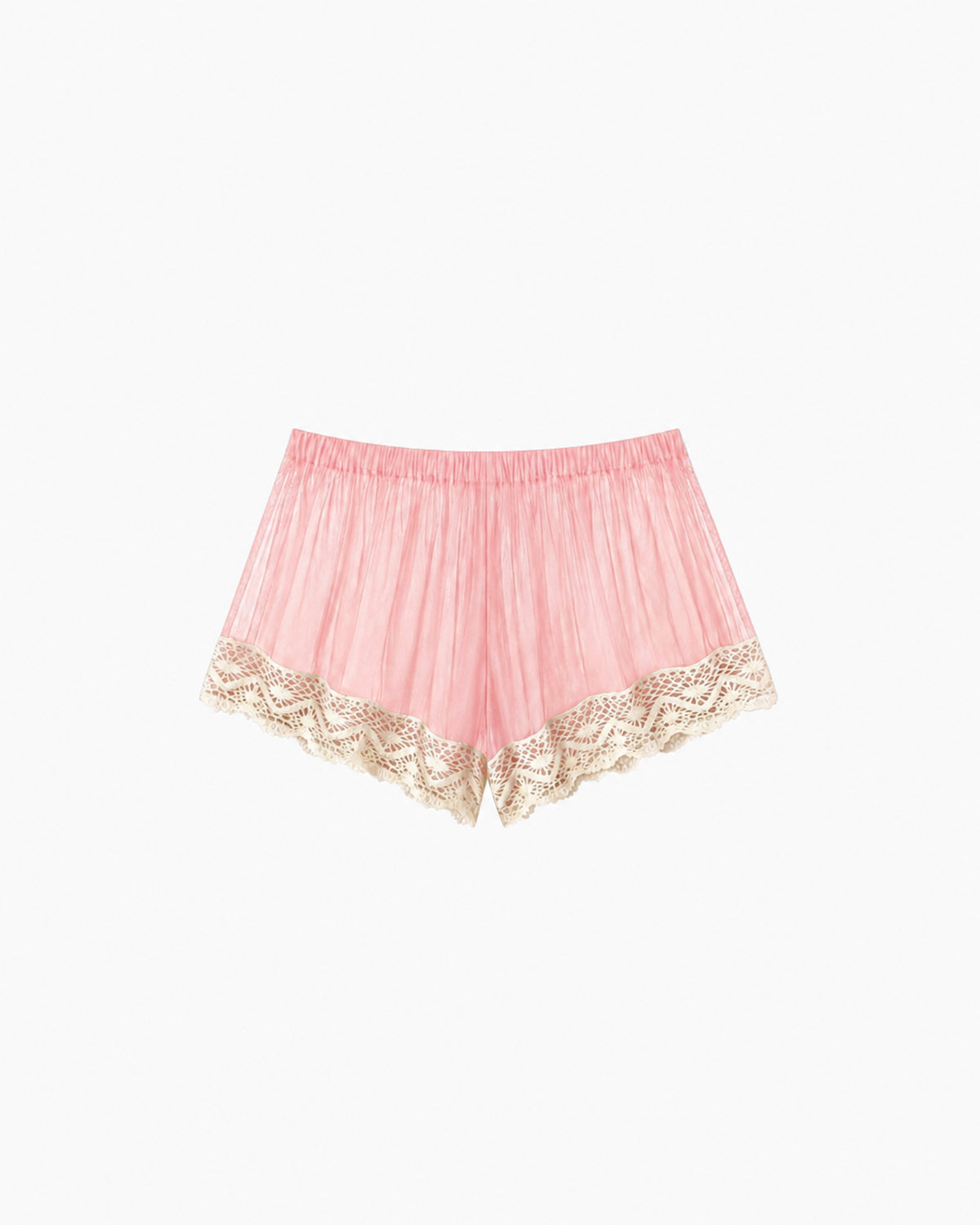Shorts Tule Com Renda rosa, com cós elástico e acabamento em renda bege, vista frontal