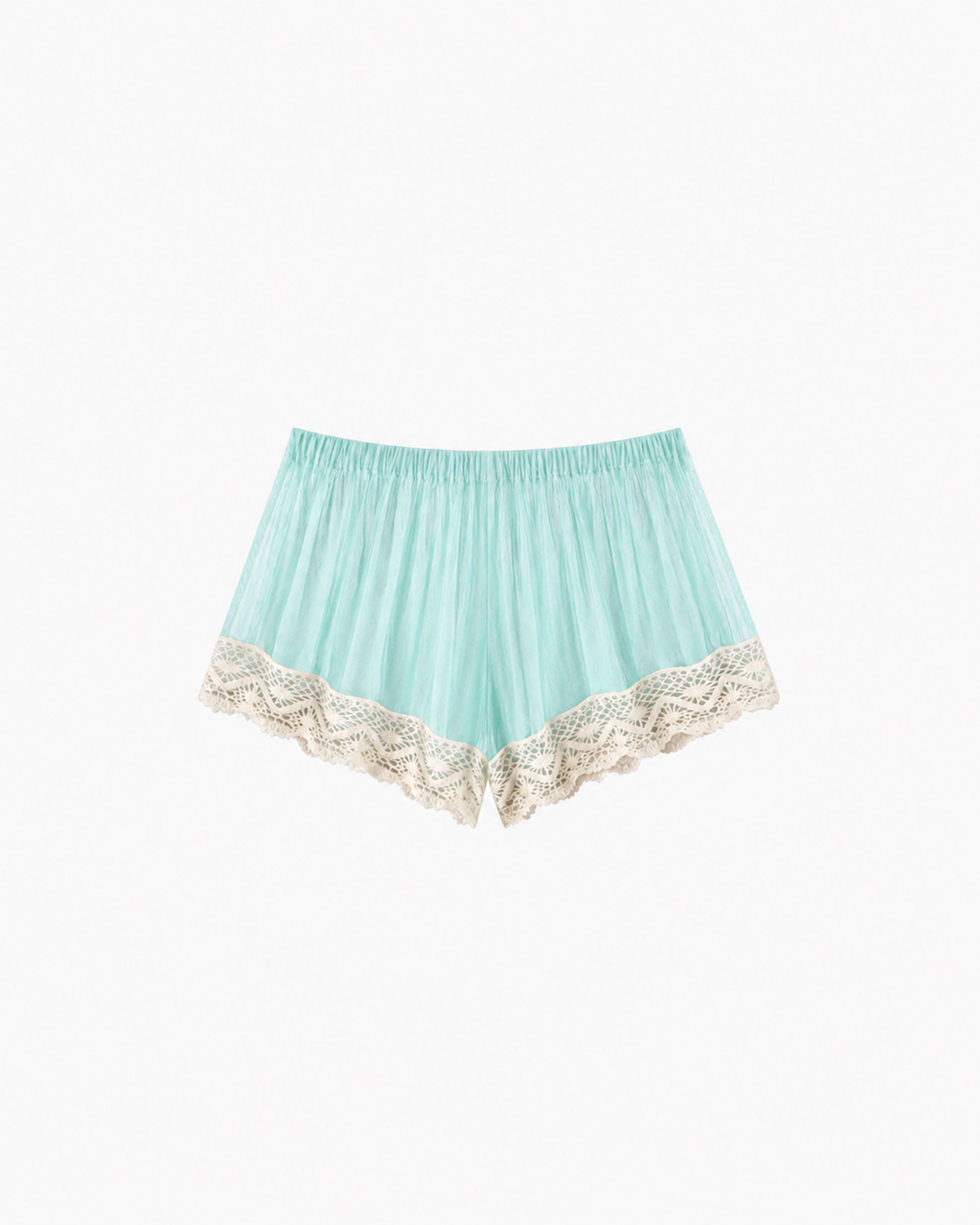 Shorts Tule Com Renda verde-água, com cós elástico e acabamento em renda bege, vista frontal